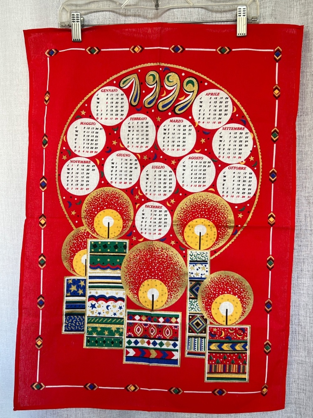 90's Christmas Tea Towel Red Calendar 19" x 26"  Bright Candles 100% Cotton